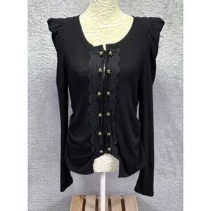 Womens Black Cardigan Large Victorian Goth Steampunk Puff Sleeve Vtg Gold Button